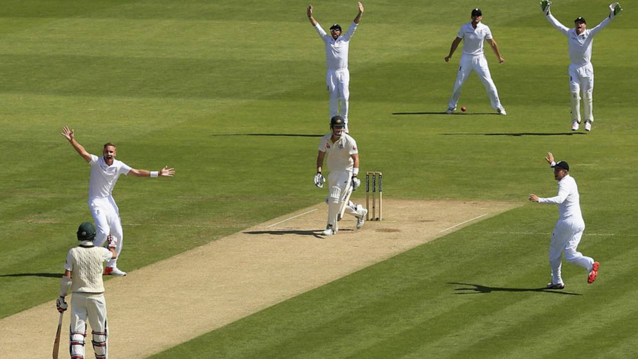 England celebrate after Shane Watson is given out lbw, England v Australia, 1st Investec Ashes Test, Cardiff, 3rd day, July 10, 2015