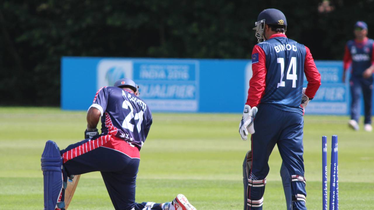 Adil Bhatti is bowled by Basant Regmi, Nepal v USA, World Twenty20 Qualifier, Belfast, July 10, 2015