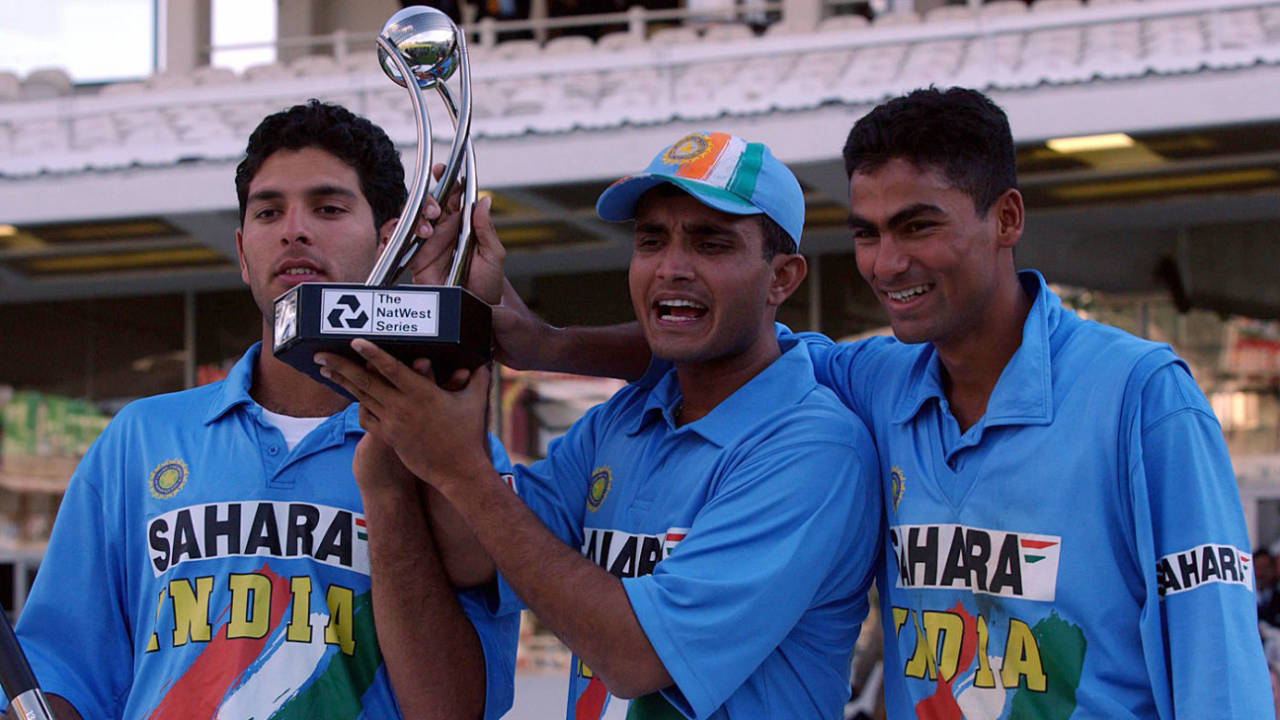 Yuvraj Singh, Sourav Ganguly and Mohammad Kaif celebrate with the Natwest Trophy, England v India, Natwest Trophy, final, Lord's, July 13, 2002