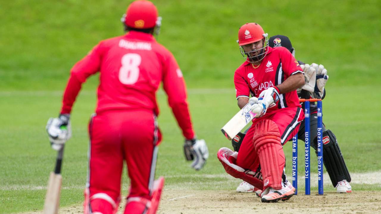 Hiral Patel plays the paddle sweep en route to his 45, Canada v United Arab Emirates, World T20 Qualifier, Stirling, July 14, 2015