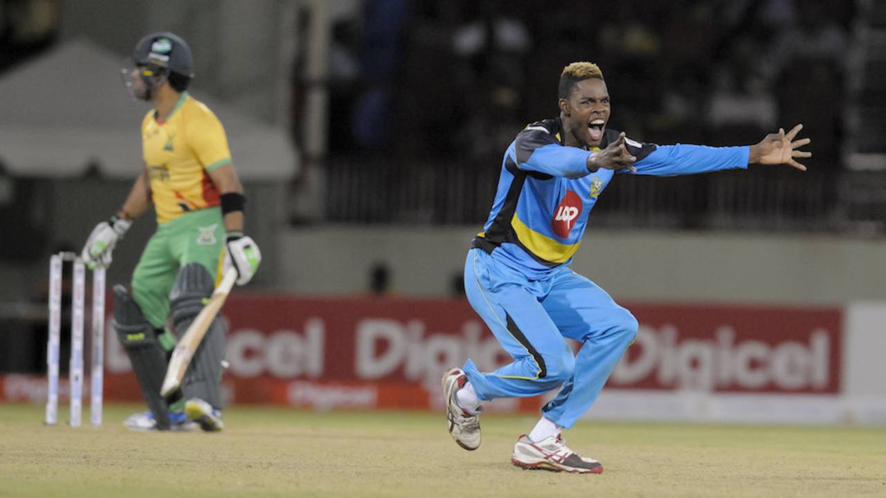 Keron Cottoy finished with 4 for 18, Guyana Amazon Warriors v St Lucia Zouks, CPL 2015, Guyana, July 17, 2015