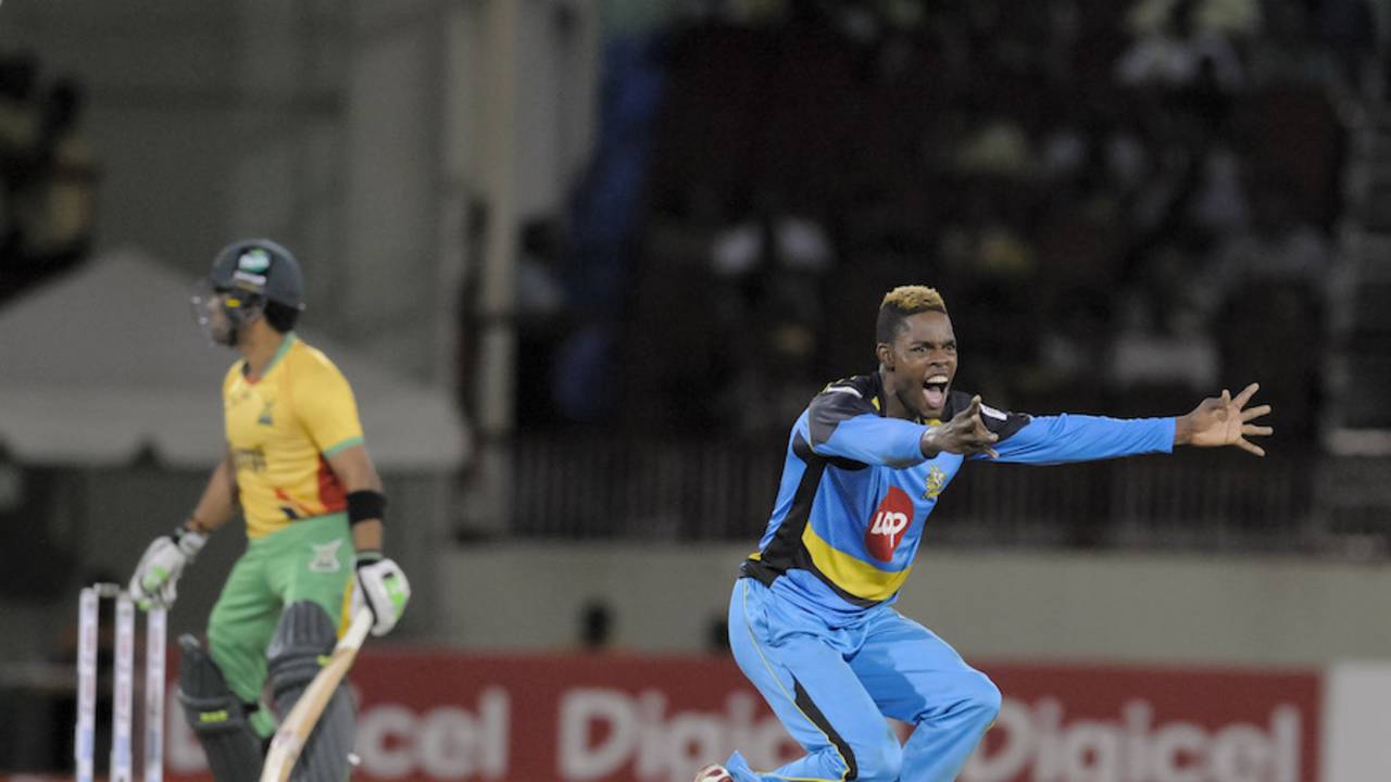 Keron Cottoy finished with 4 for 18, Guyana Amazon Warriors v St Lucia Zouks, CPL 2015, Guyana, July 17, 2015