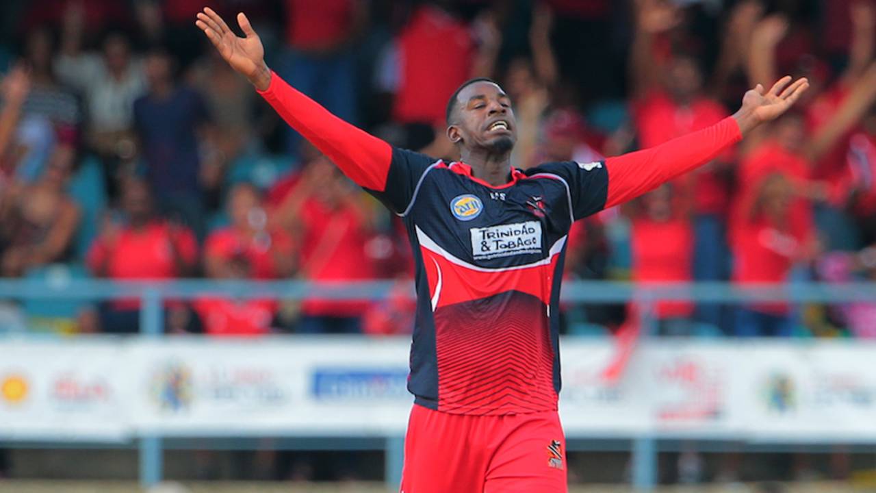 Derone Davis celebrates one of his three wickets, Trinidad & Tobago Red Steel v St Kitts and Nevis Patriots, CPL 2015, Port-of-Spain, July 18, 2015