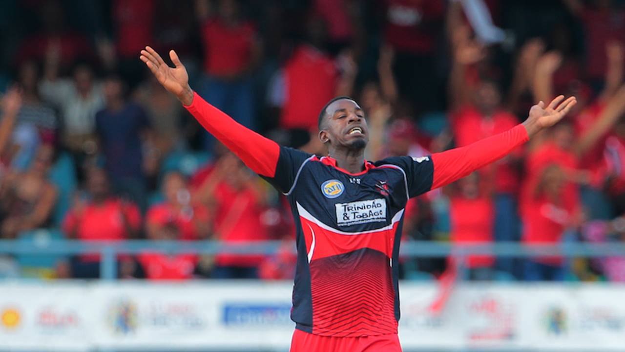 Derone Davis celebrates one of his three wickets, Trinidad & Tobago Red Steel v St Kitts and Nevis Patriots, CPL 2015, Port-of-Spain, July 18, 2015