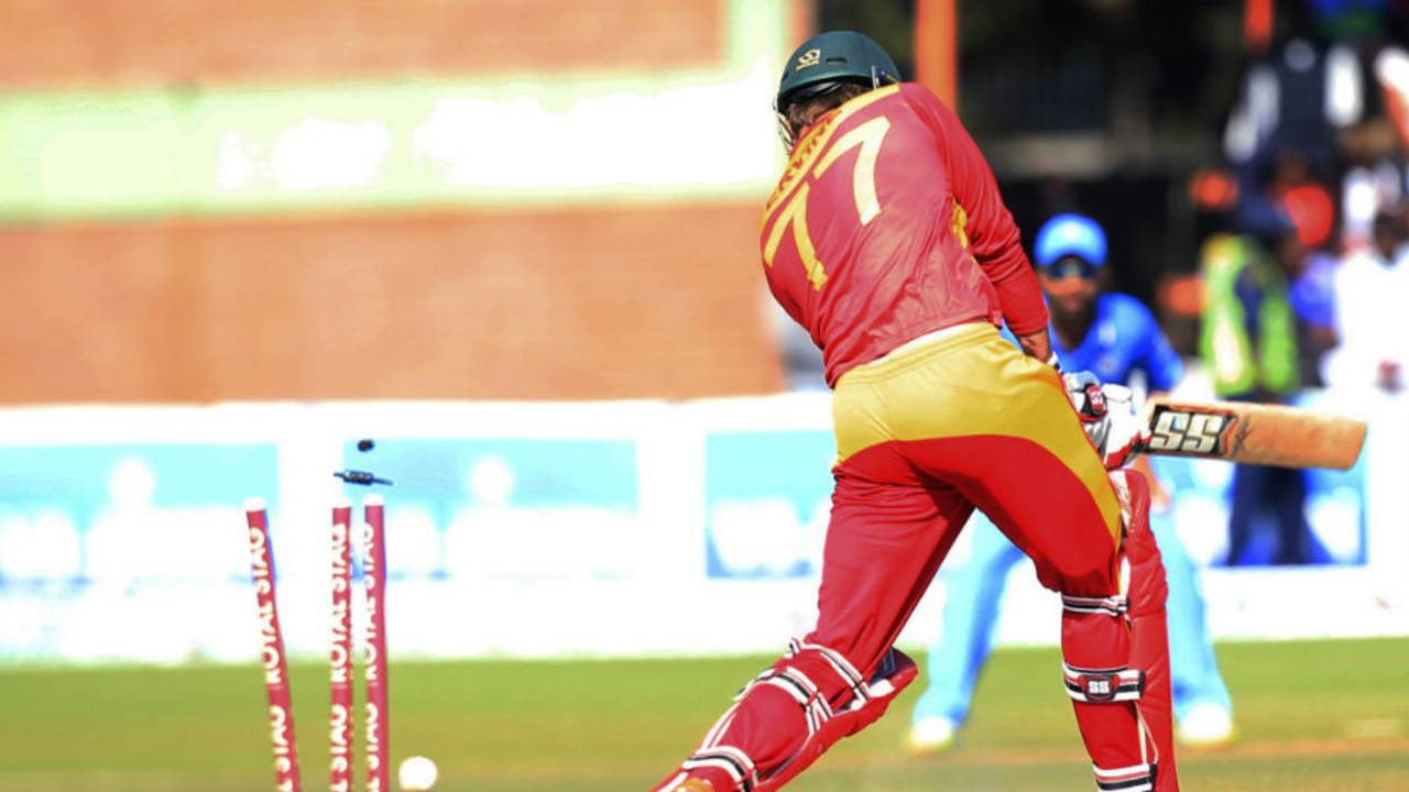 Craig Ervine is undone by a Bhuvneshwar Kumar yorker, Zimbabwe v India, 2nd T20I, Harare, July 19, 2015