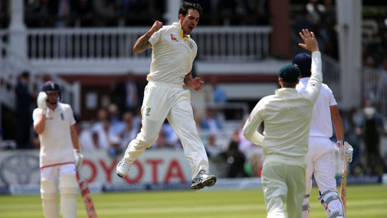 Mitchell Johnson leaps in triumph after removing Alastair Cook, England v Australia, 2nd Investec Ashes Test, Lord's, 4th day, July 19, 2015