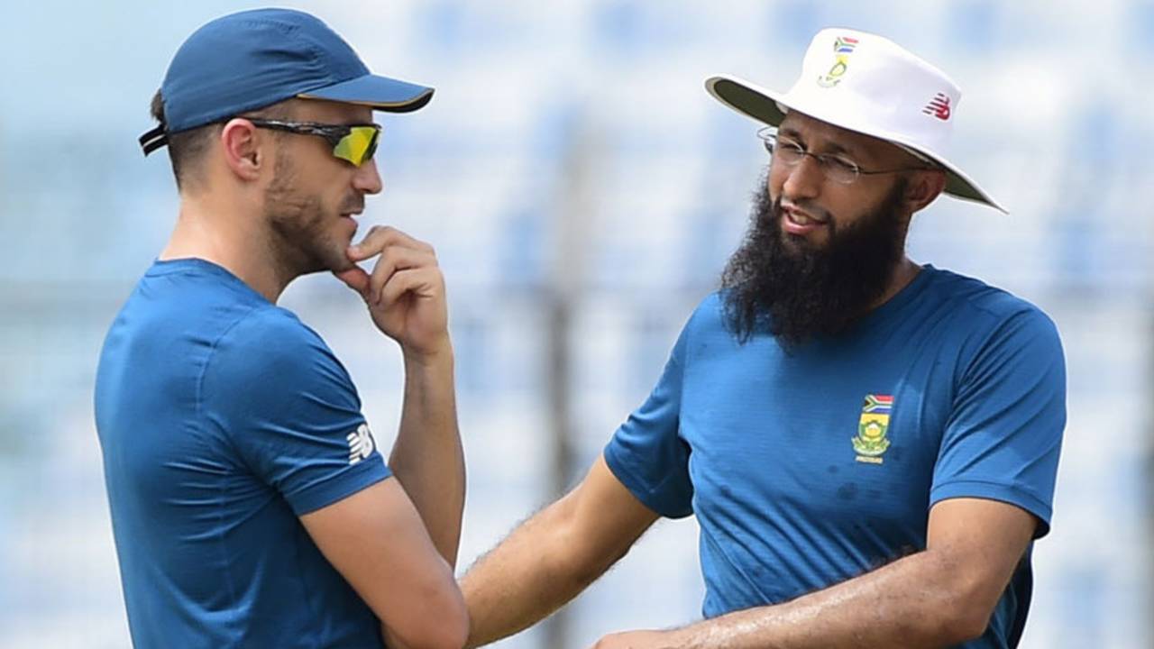 Hashim Amla and Faf du Plessis have a chat during a practice session, Chittagong, July 20, 2015