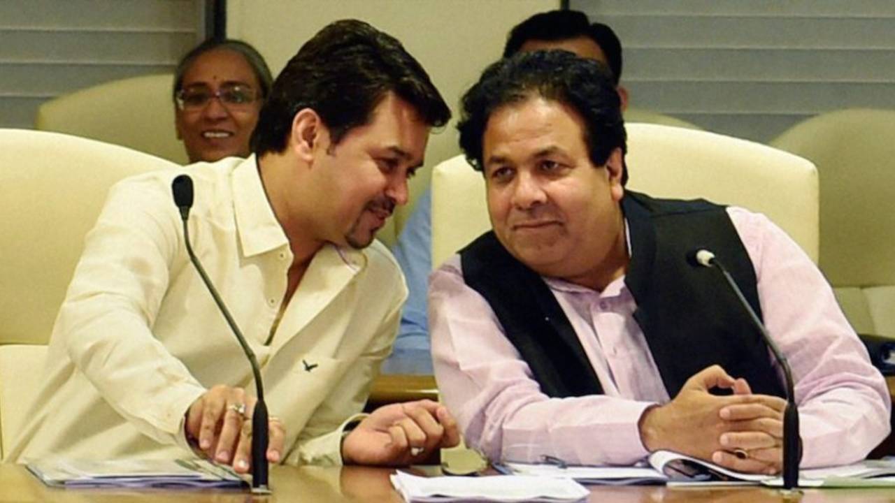 Anurag Thakur and Rajiv Shukla during the IPL governing council meet, Mumbai, July 19, 2015