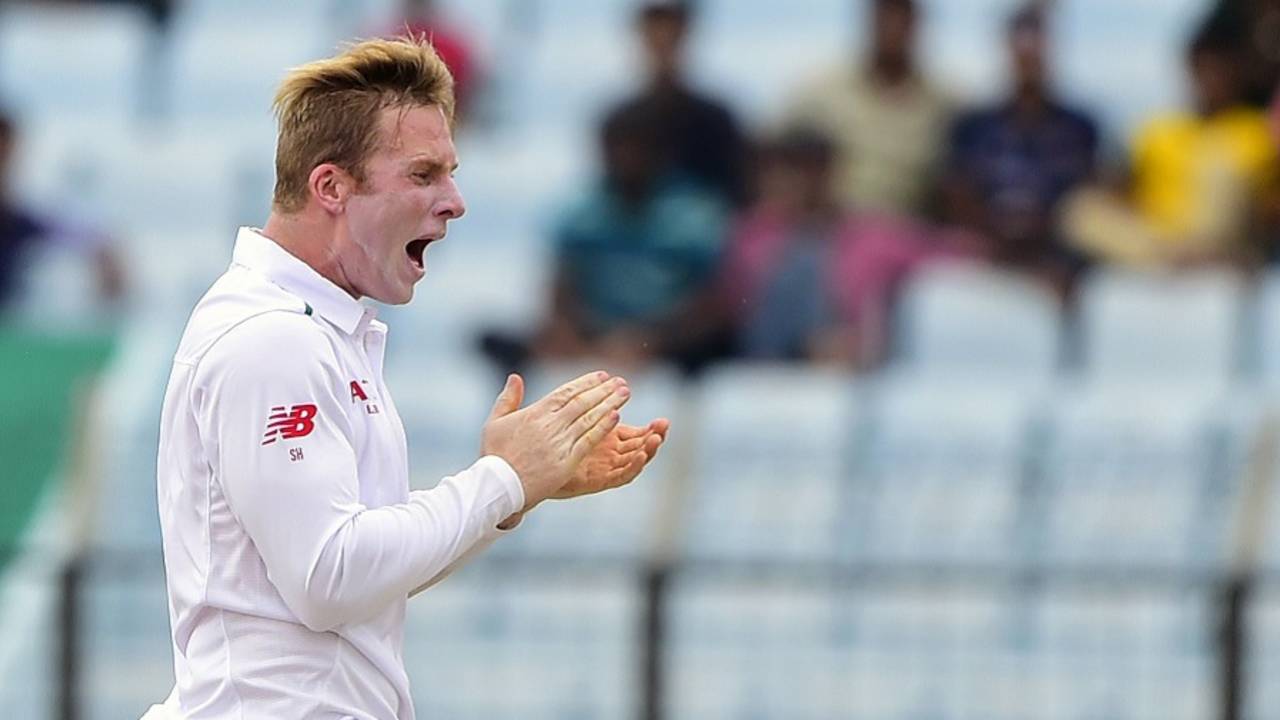 Simon Harmer is elated after dismissing Shakib Al Hasan, Bangladesh v South Africa, 1st Test, Chittagong, 3rd day, July 23, 2015