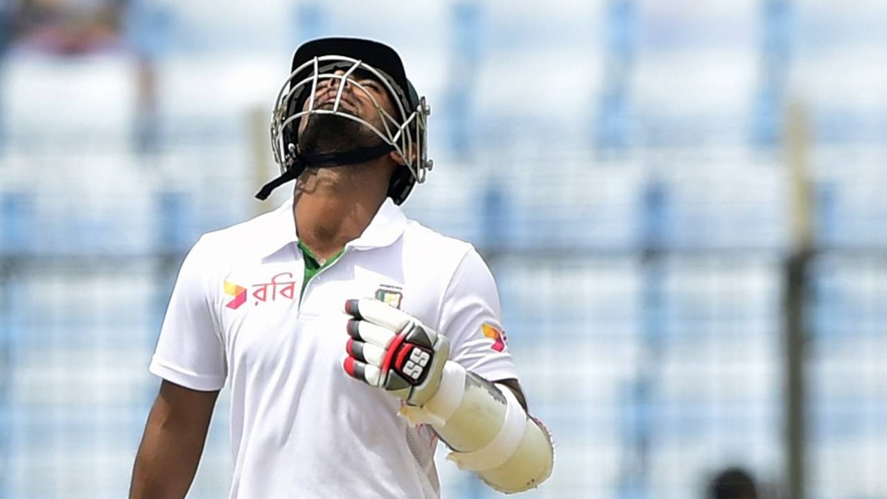 Liton Das looks to the skies after completing his maiden half-century, Bangladesh v South Africa, 1st Test, Chittagong, 3rd day, July 23, 2015