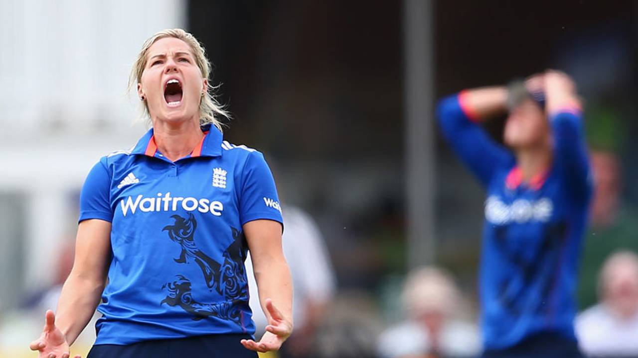Katherine Brunt was not impressed when a chance went down, England Women v Australia Women, 2nd ODI, Bristol, July 23, 2015