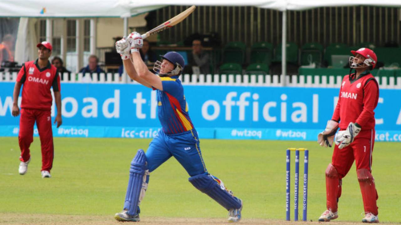 Nicolaas Scholtz strikes a pose after smoking it for six, Namibia v Oman, World T20 Qualifier, Play-off, Dublin, July 23, 2015