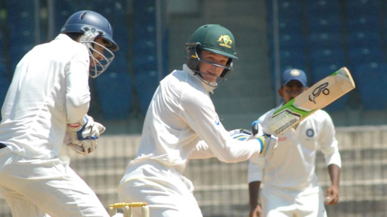 Peter Handscomb plays the ball behind point,  India A v Australia A, 1st unofficial Test, Chennai, 3rd day, July 24, 2015