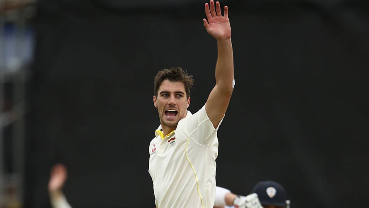 Pat Cummins ended a long wait for another first-class wicket when he had Hamish Rutherford caught behind, Derbyshire v Australians, Tour match, Derby, 2nd day, July 24, 2015