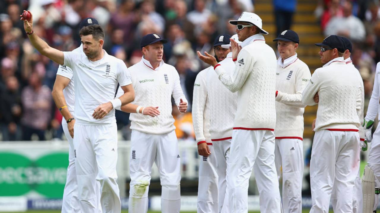 James Anderson celebrates his five-wicket haul after removing Mitchell Johnson for 3, England v Australia, 3rd Test, Edgbaston, 1st day, July 29, 2015