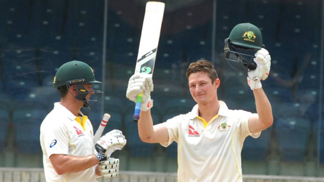 Cameron Bancroft celebrates after scoring his century, India A v Australia A, 2nd unofficial Test, Chennai, 2nd day, July 30, 2015