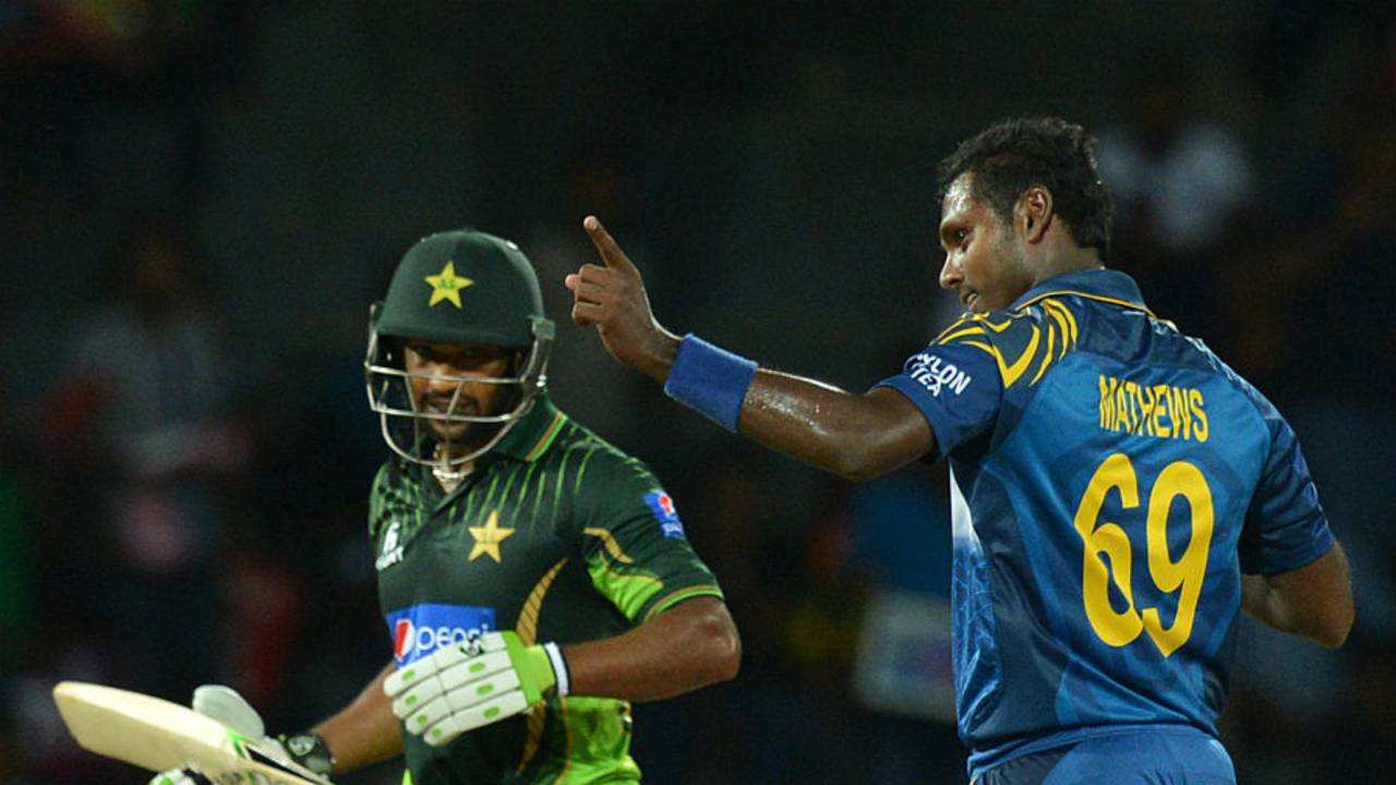Angelo Mathews celebrates the wicket of Mukhtar Ahmed