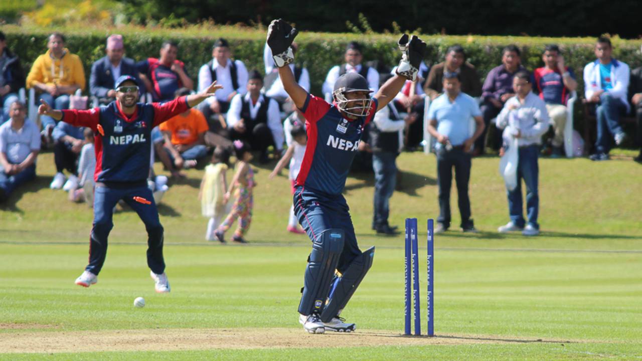 Mahesh Chhetri erupts for an appeal after Anil Mandal's direct hit to runout Richie Berrington, Scotland v Nepal, ICC World Cricket League Championship, Ayr, July 29, 2015