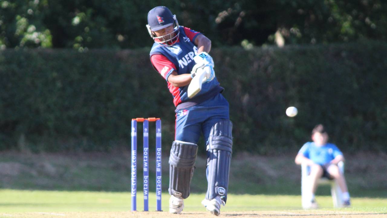 Anil Mandal pulls through midwicket during his 100 off 93 balls, Scotland v Nepal, ICC World Cricket League Championship, Ayr, July 29, 2015