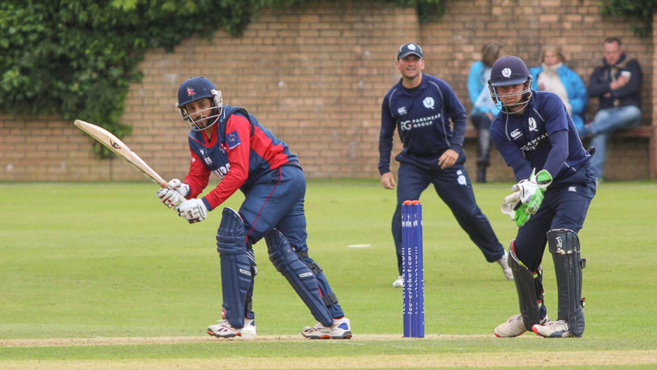 Prithu Baskota plays it into the leg side, Scotland v Nepal, World Cricket League Championship, Ayr, July 31, 2015