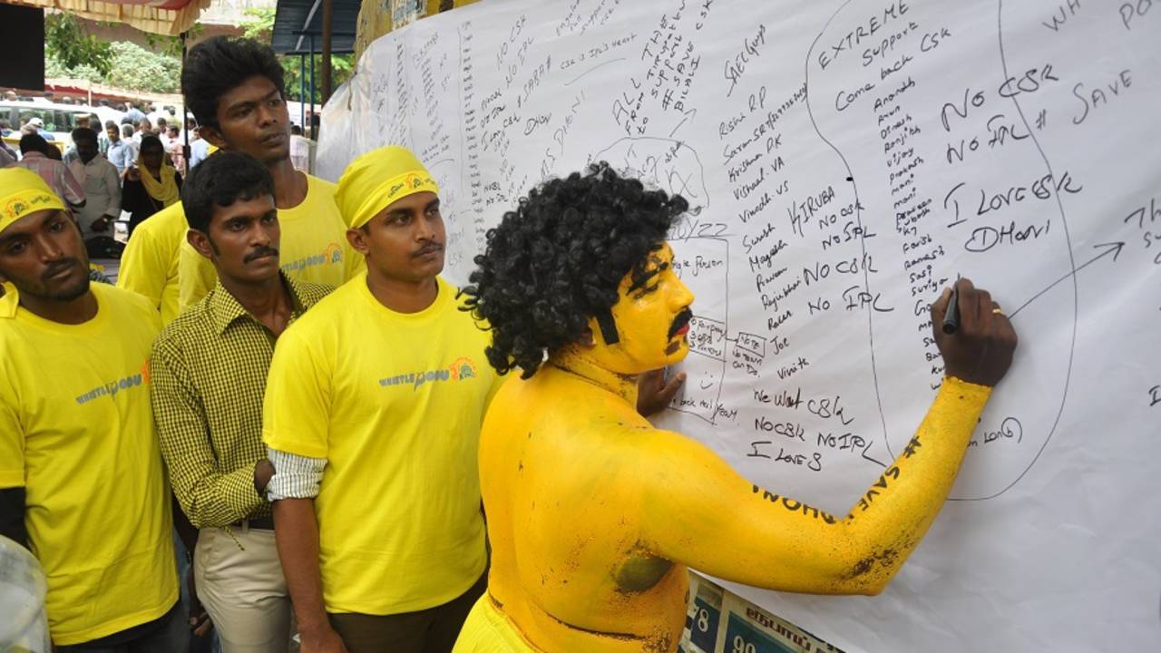 Chennai Super Kings fans take part in a signature campaign in support of the team, Chennai, August 1, 2015