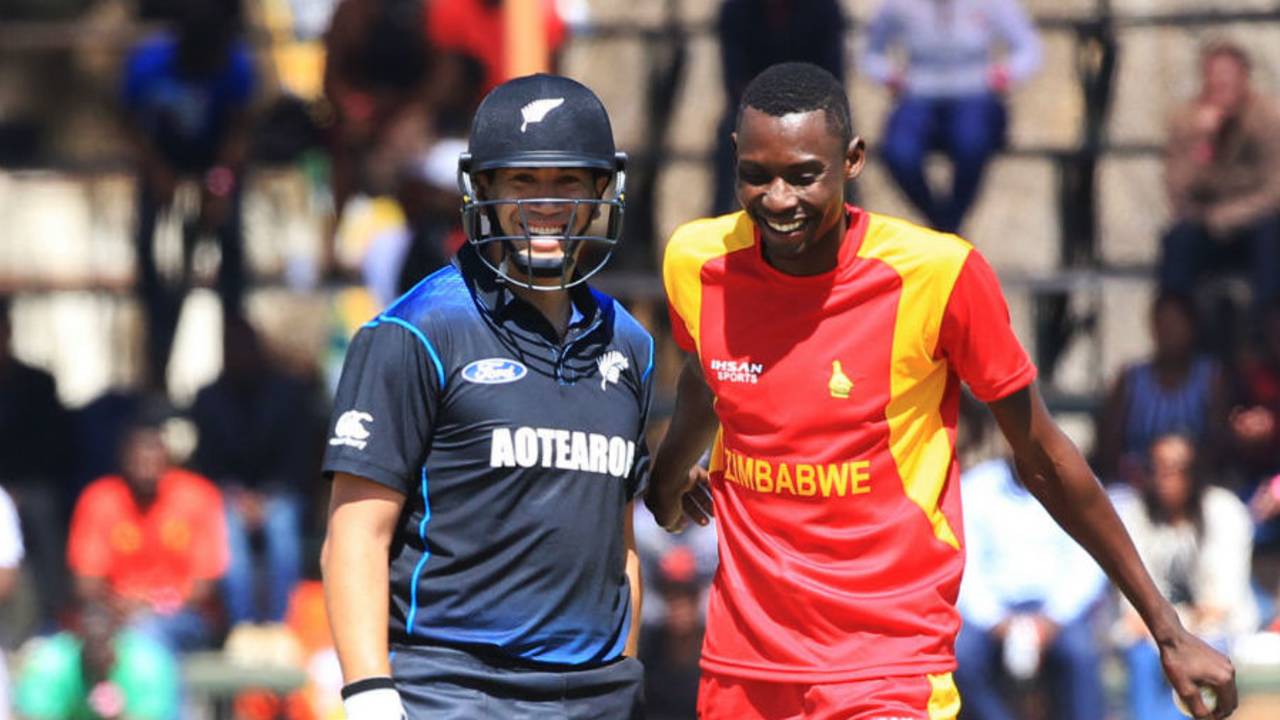 Ross Taylor and Chris Mpofu share a lighter moment, Zimbabwe v New Zealand, 1st ODI, Harare, August 2, 2015