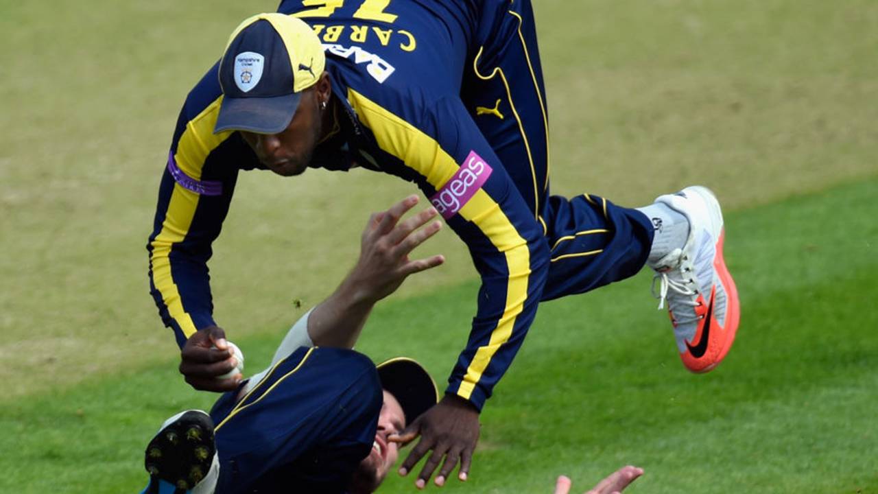 Michael Carberry held on to a catch despite colliding with Joe Gatting, Glamorgan v Hampshire, Royal London Cup, Group B, Cardiff, August 2, 2015