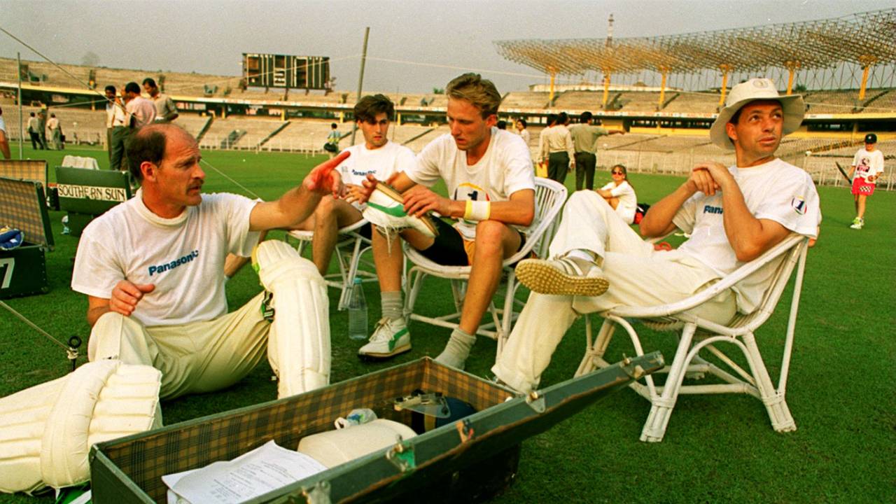 South African captain Clive Rice sits with Richard Snell, Allan Donald and David Richardson, Calcutta, November 9, 1991