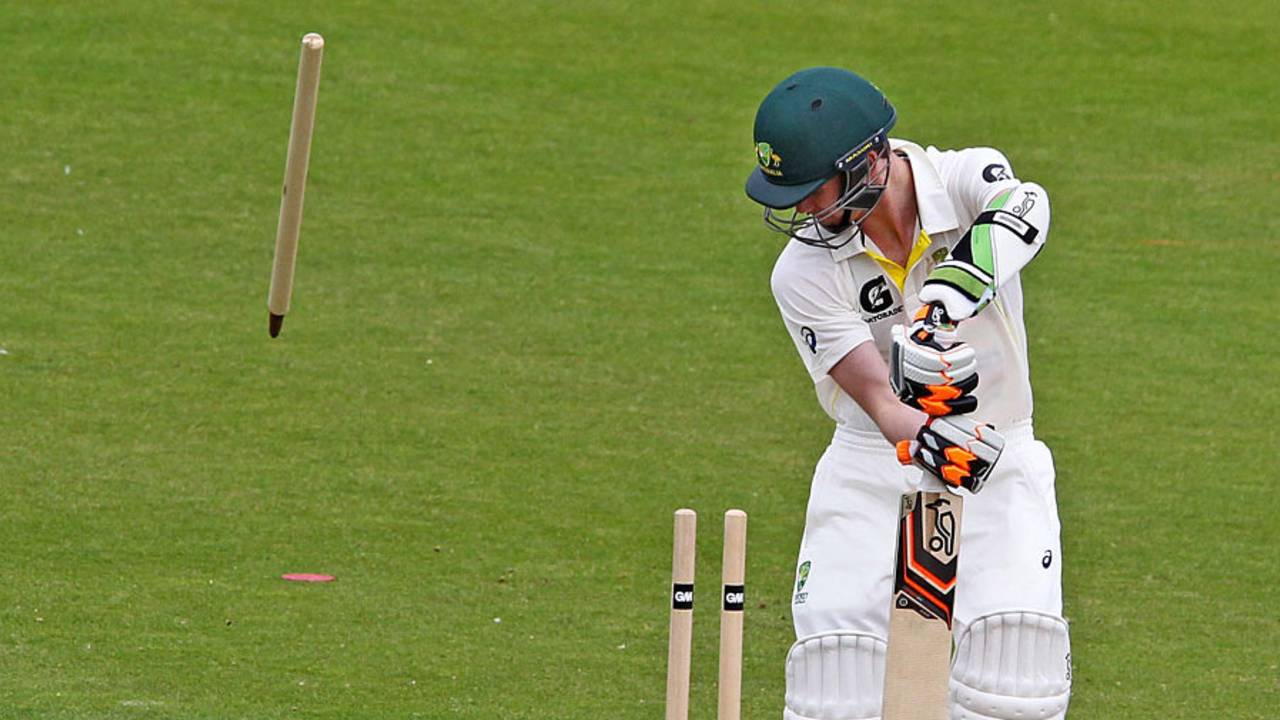 Sam Grimwade loses his off stump, England U-19s v Australia U-19s, Youth Test, Chester-le-Street, 2nd day, August 5, 2015