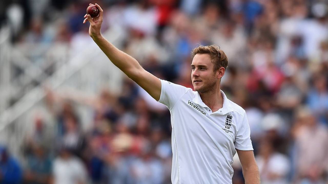 Stuart Broad raises the ball after claiming a five-for, England v Australia, 4th Investec Test, Trent Bridge, 1st day, August 6, 2015