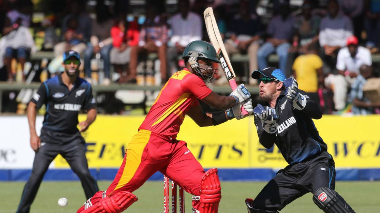 Chamu Chibhabha attempts a swivel pull shot, Zimbabwe v New Zealand, third ODI, Harare, August 7, 2015