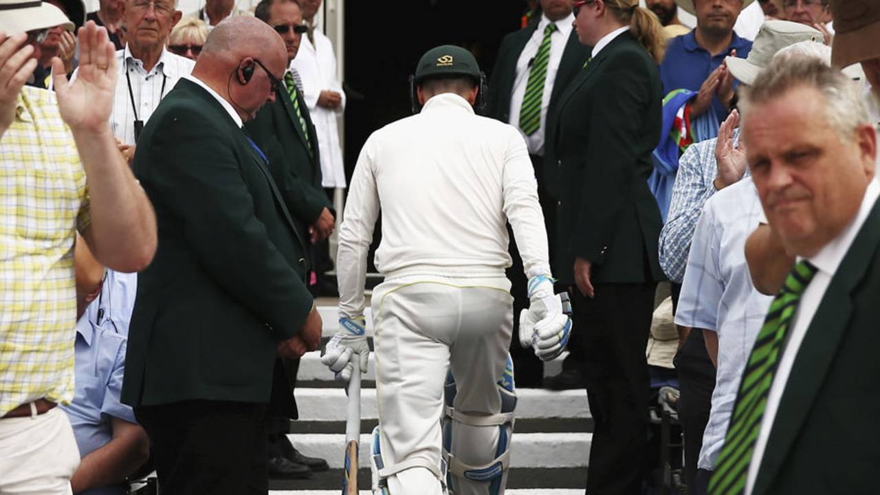 Michael Clarke returns to the pavilion after falling for 13, England v Australia, 4th Investec Test, Trent Bridge, 2nd day, August 7, 2015