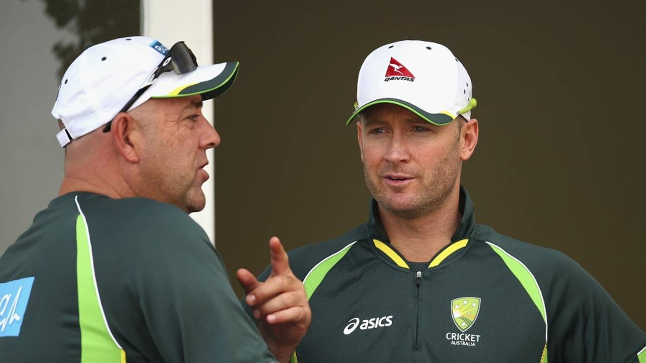 Darren Lehmann and Michael Clarke have a chat, England v Australia, 4th Investec Test, Trent Bridge, 3rd day, August 8, 2015