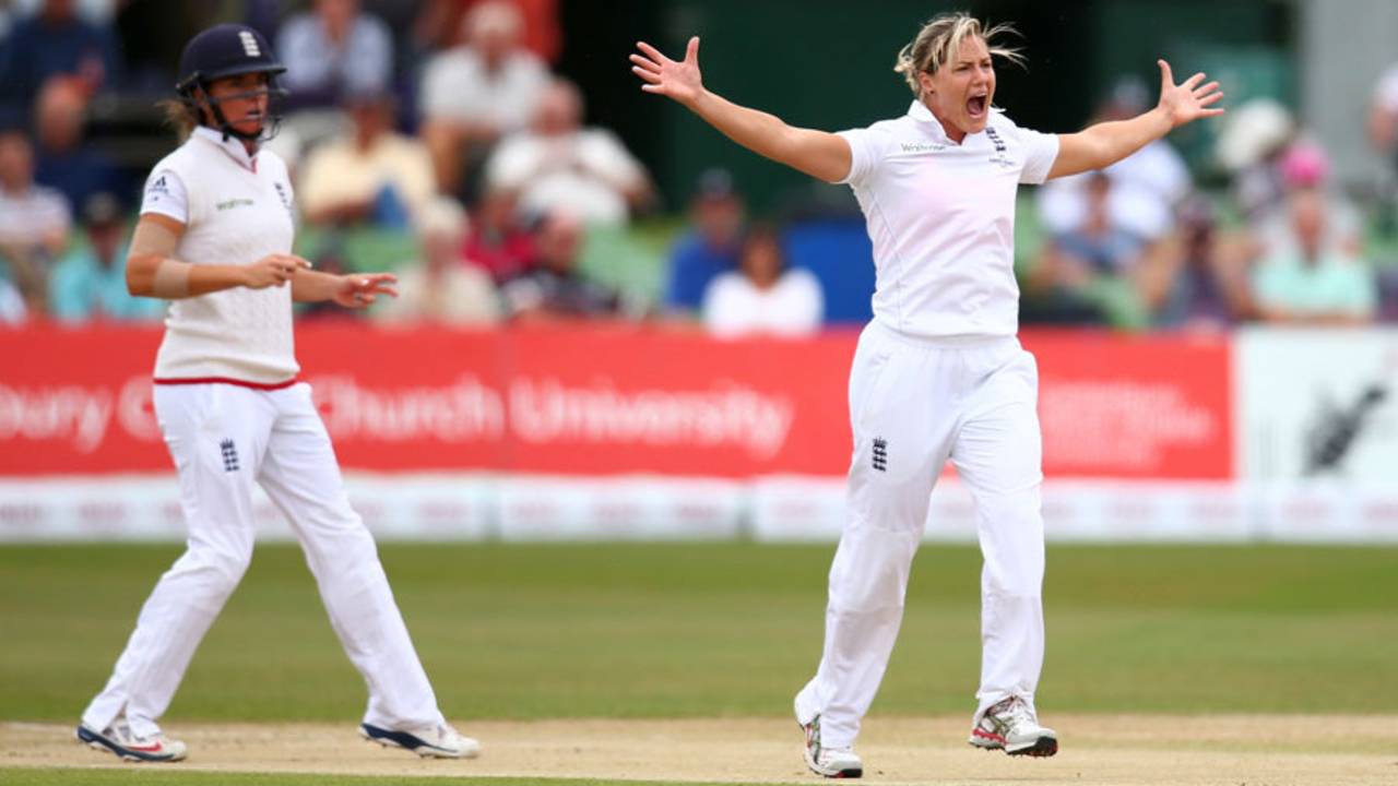 Katherine Brunt appeals unsuccessfully for a wicket, England v Australia, Women's Ashes Test, Canterbury, 1st day, August 11, 2015