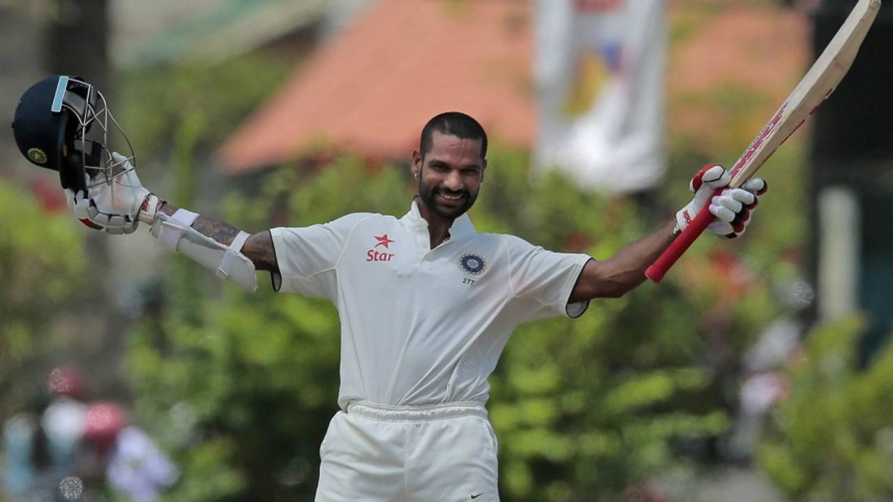 Shikhar Dhawan celebrates after bringing up his ton, Sri Lanka v India, 1st Test, Galle, 2nd day, August 13, 2015