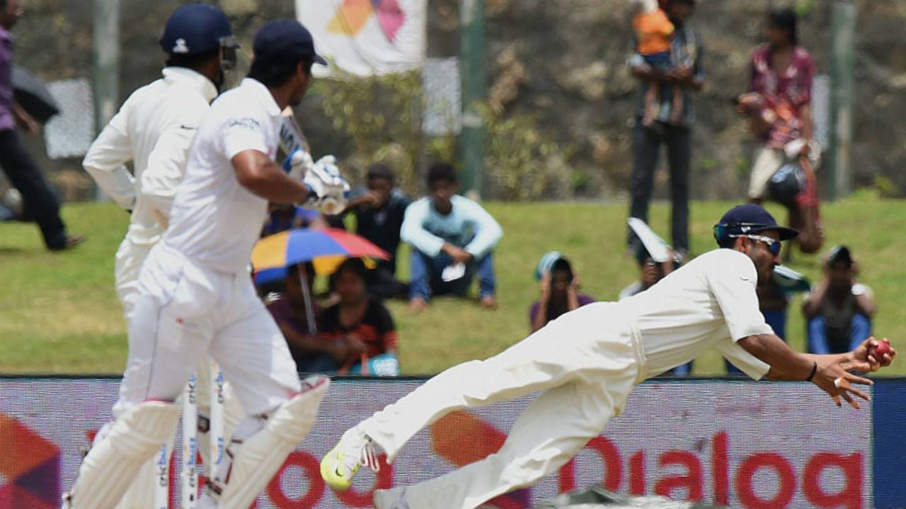 Ajinkya Rahane flies to his left to hold on to a catch to dismiss Kumar Sangakkara, Sri Lanka v India, 1st Test, Galle, 3rd day, August 14, 2015