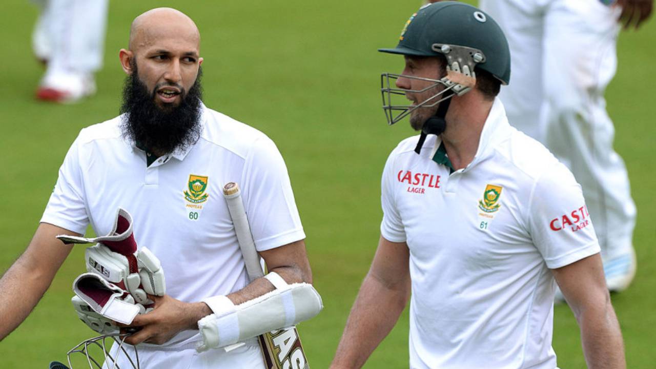 AB de Villiers and Hashim Amla walk off for tea, South Africa v West Indies, 1st Test, Centurion, 1st day, December 17, 2014