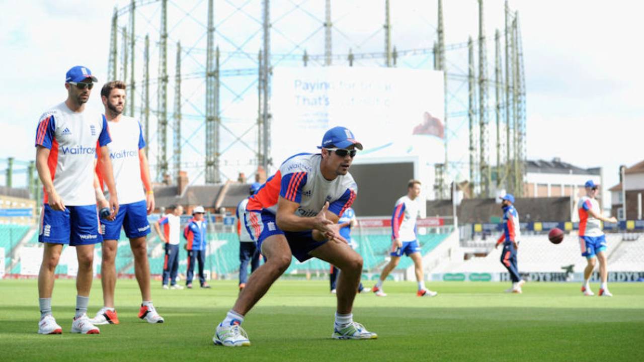 The gasholder looms over an England fielding drill during the 2015 Ashes Test at The Oval&nbsp;&nbsp;&bull;&nbsp;&nbsp;Gareth Copley/Getty Images