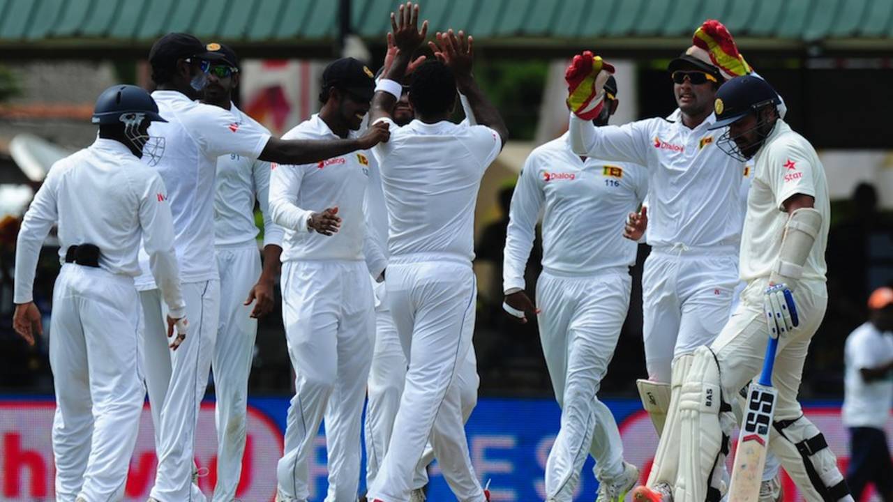 Dhammika Prasad dismissed M Vijay for a duck, Sri Lanka v India, 2nd Test, P Sara Oval, Colombo, 1st day, August 20, 2015