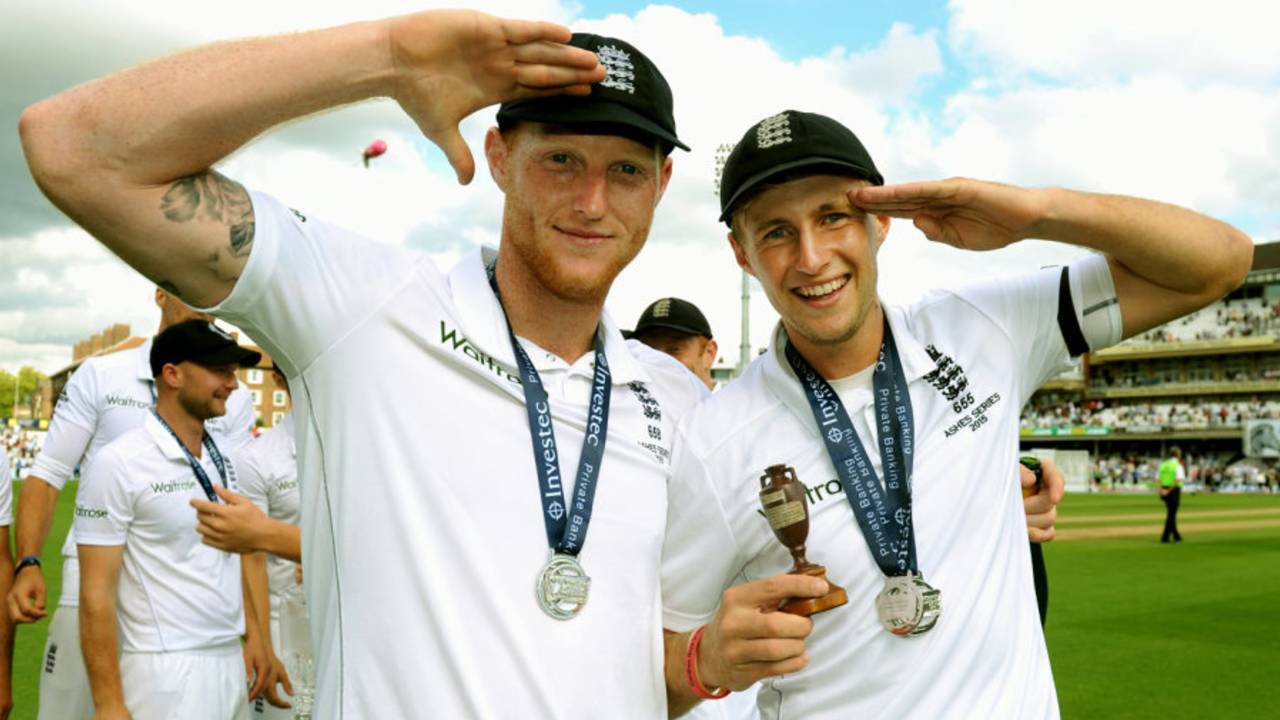 Ben Stokes and Joe Root enjoy the winning feeling, England v Australia, 5th Investec Ashes Test, The Oval, 4th day, August 23, 2015