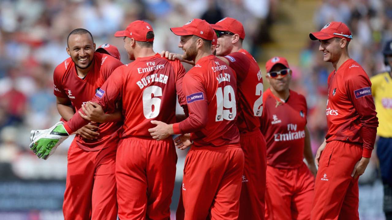 Lancashire's George Edwards celebrates an early wicket against Hampshire, Hampshire v Lancashire, NatWest T20 Blast, Semi-final, Edgbaston, August 29, 2015