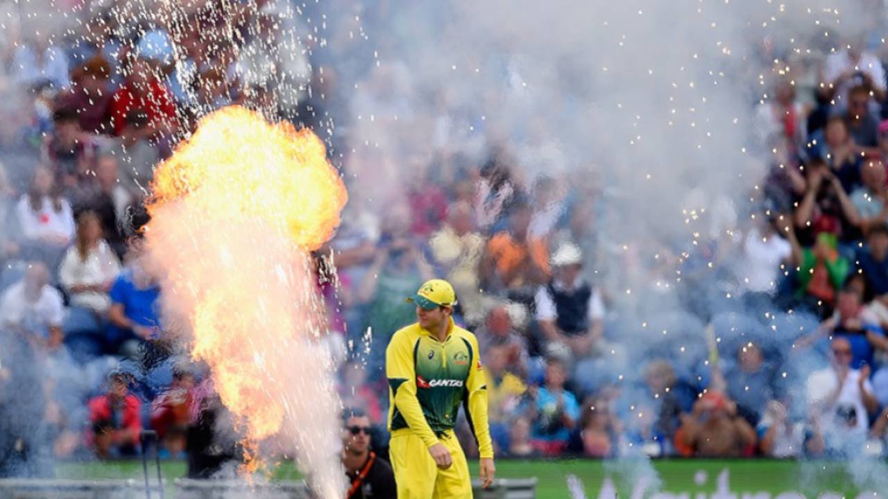 Steven Smith walks past the fireworks, England v Australia, only T20, Cardiff, August 31, 2015