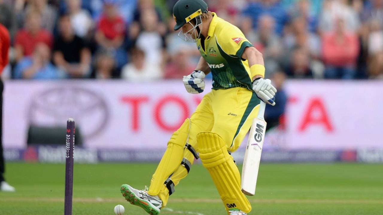Dodgy footwork: Shane Watson could only watch as the ball trickled onto the stumps&nbsp;&nbsp;&bull;&nbsp;&nbsp;Getty Images
