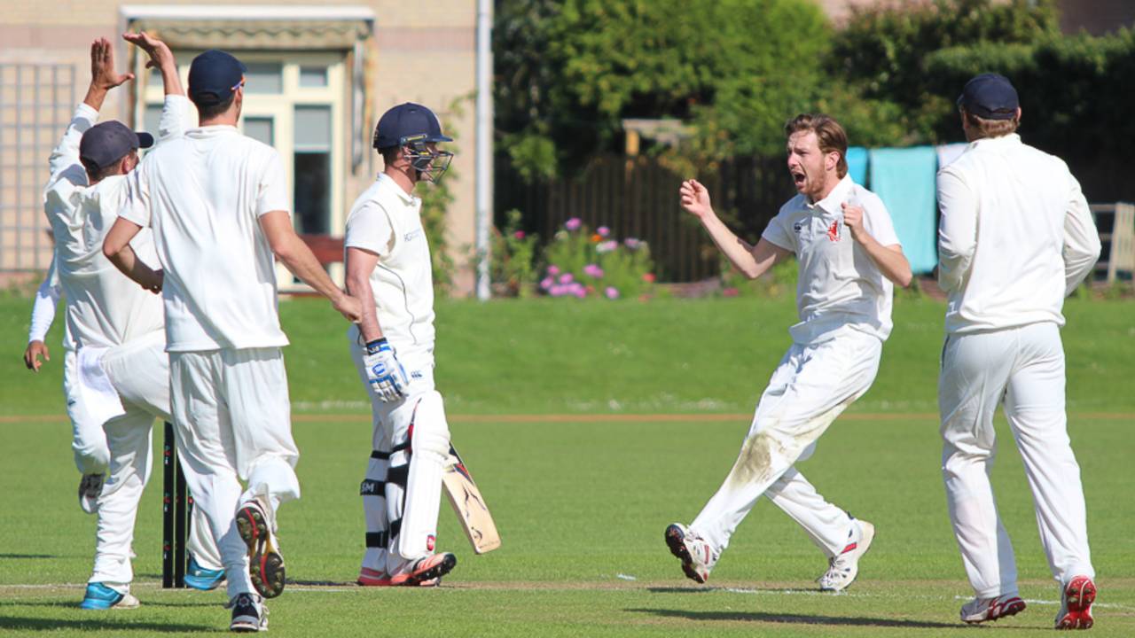 Quirijn Gunning celebrates a successful lbw appeal to dismiss Con de Lange, Netherlands v Scotland, Day 3, Intercontinental Cup, 2nd round, The Hague, September 10, 2015