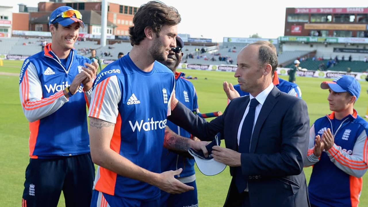 Reece Topley receives his ODI cap from Nasser Hussain, England v Australia, 5th ODI, Old Trafford, September 13, 2015