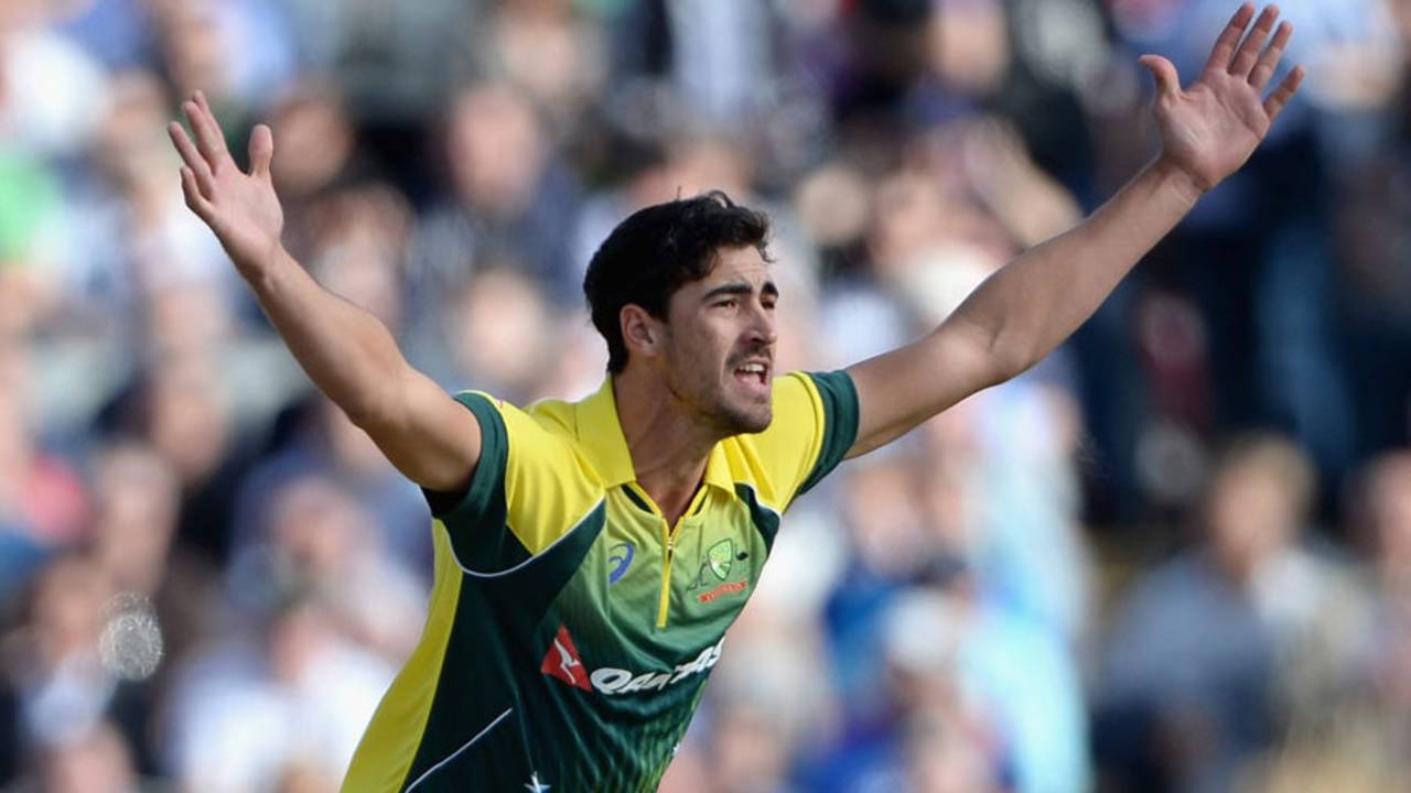 Mitchell Starc was twice successful with lbw appeals in his first over - but only the second stood, England v Australia, 5th ODI, Old Trafford, September 13, 2015