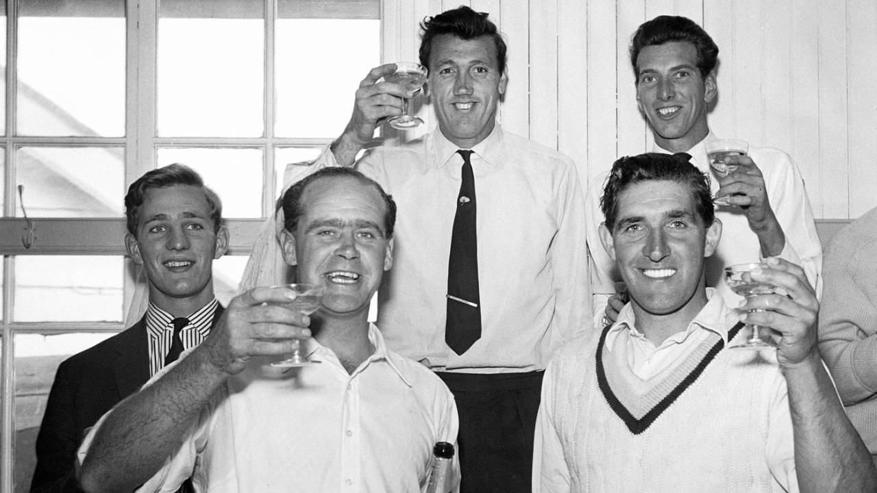 Brian Close, Vic Wilson, Melville Ryan and Don Wilson celebrate the victory over Glamorgan
