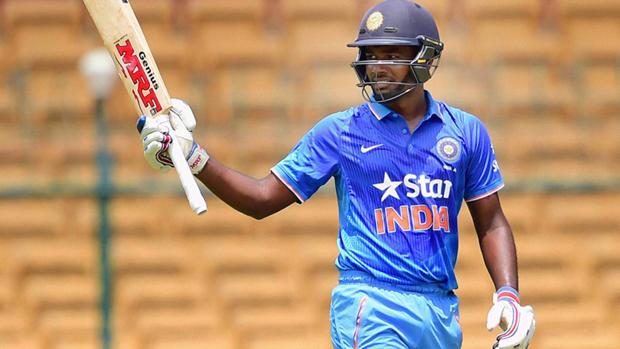 Sanju Samson top-scored for India A with 73 off 76 deliveries, India A v Bangladesh A, 1st unofficial ODI, Bangalore, September 16, 2015