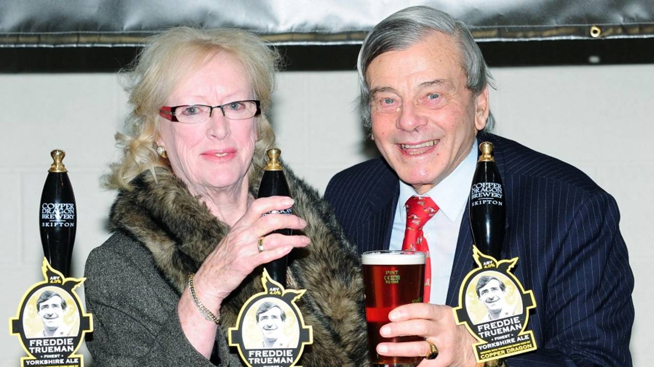 Veronica Trueman and Dickie Bird during the launch of the Copper Dragon's Trueman Ale, Skipton, February 10, 2010