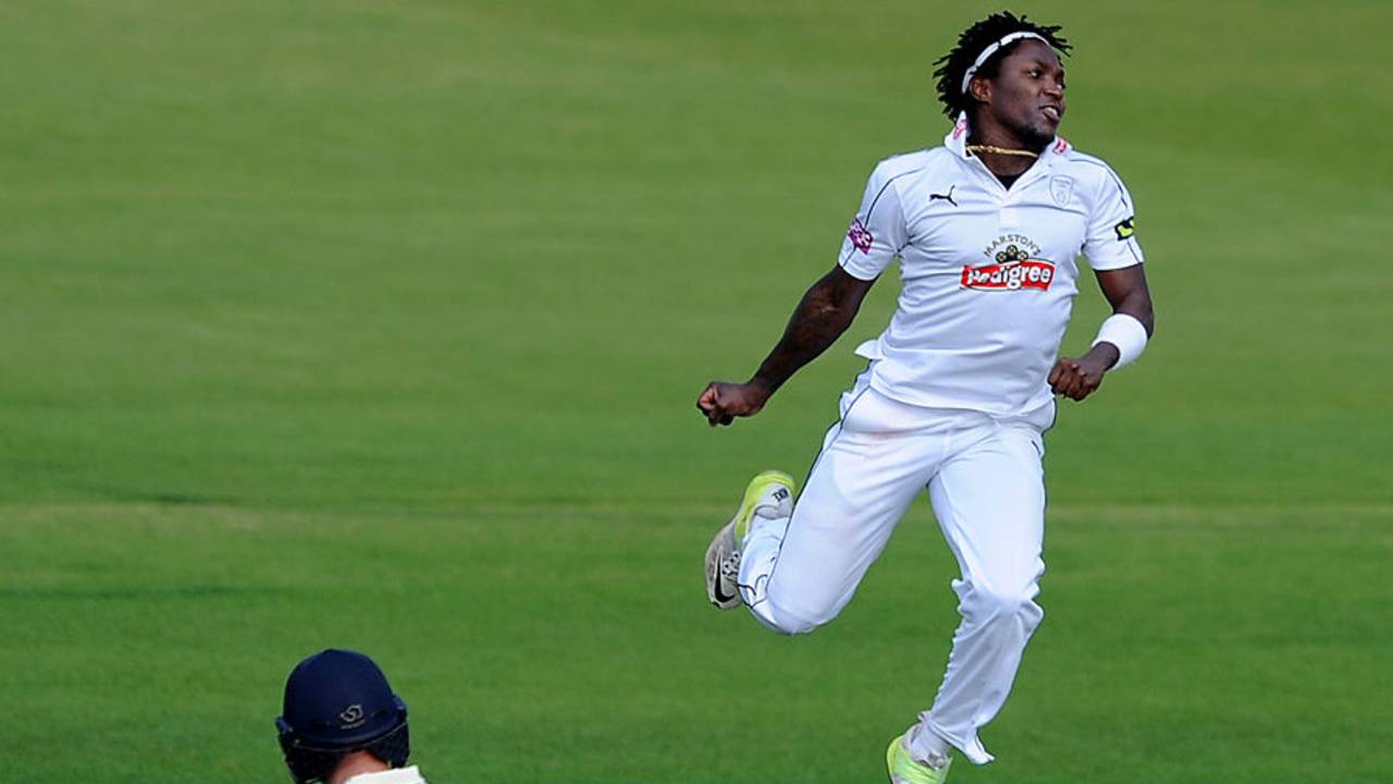 Fidel Edwards jumps for joy after removing Alex Lees, Hampshire v Yorkshire, LV= County Championship, Division One, Ageas Bowl, 4th day, September 17, 2015